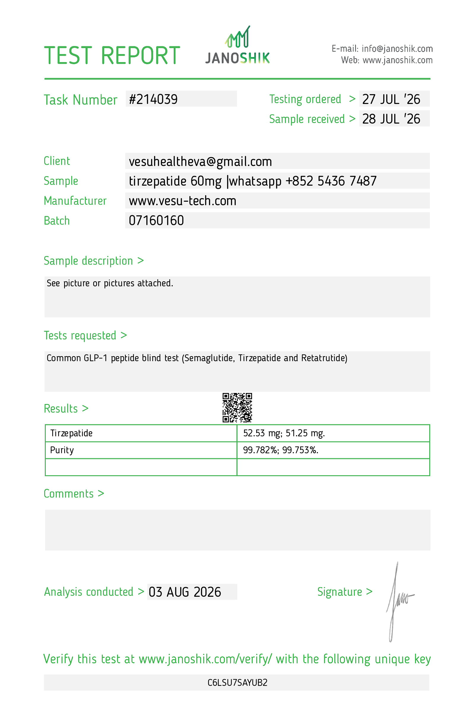 Original Janoshik report 214039 for tirzepatide 60mg: 52.53mg and 51.25mg measured; purity 99.782% and 99.753%; batch 07160160; August 3, 2026.