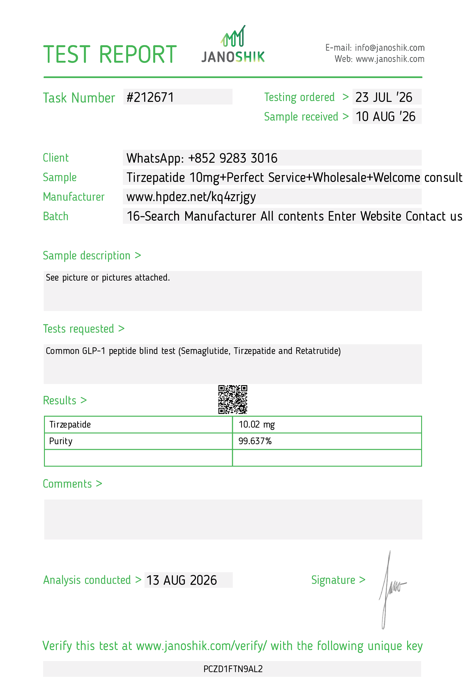 Original Janoshik report 212671: tirzepatide 10mg sample, 10.02mg measured and 99.637% purity, August 13, 2026.